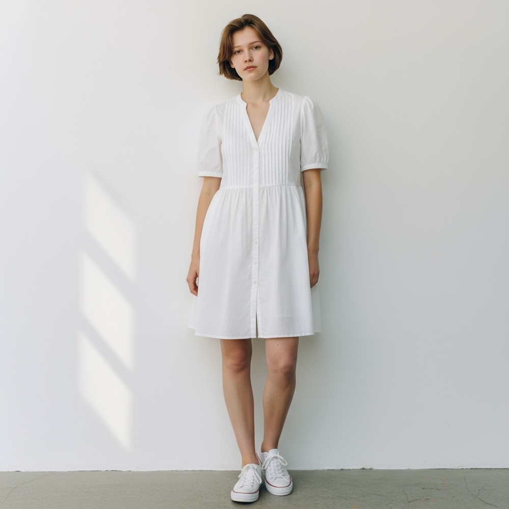 April Cornell White Pintuck Button-Front Cotton Dress